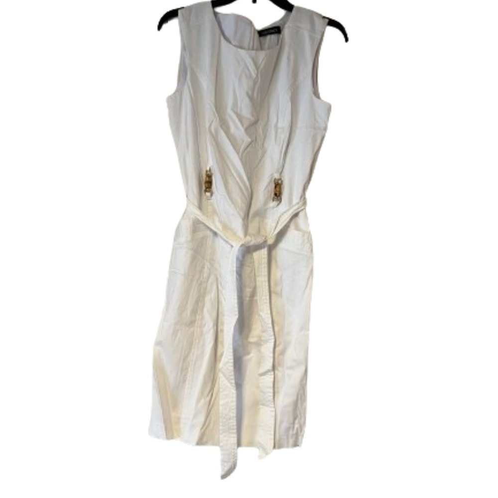 Ellen Tracy White Sheath Dress, Lined - Sash Belt, Back Zip - 12